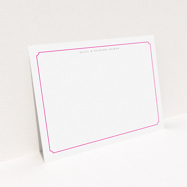 A couples personalised note card design titled "Bright pink border". It is an A6 card in a landscape orientation. "Bright pink border" is available as a flat card, with tones of white and pink.