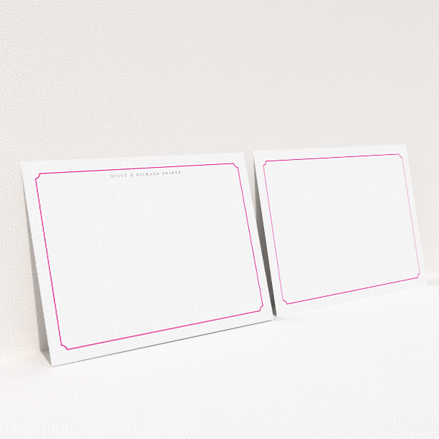 A couples personalised note card design titled "Bright pink border". It is an A6 card in a landscape orientation. "Bright pink border" is available as a flat card, with tones of white and pink.