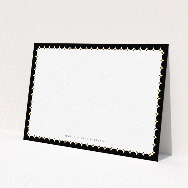 A couples personalised note card design named 'Centre Stage'. It is an A6 card in a landscape orientation. 'Centre Stage' is available as a flat card, with tones of black and white.