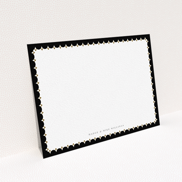 A couples personalised note card design named "Centre Stage". It is an A6 card in a landscape orientation. "Centre Stage" is available as a flat card, with tones of black and white.