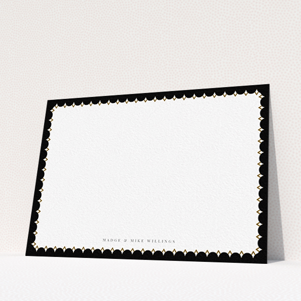 A couples personalised note card design named "Centre Stage". It is an A6 card in a landscape orientation. "Centre Stage" is available as a flat card, with tones of black and white.