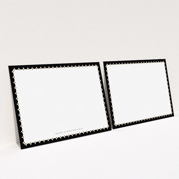 A couples personalised note card design named "Centre Stage". It is an A6 card in a landscape orientation. "Centre Stage" is available as a flat card, with tones of black and white.