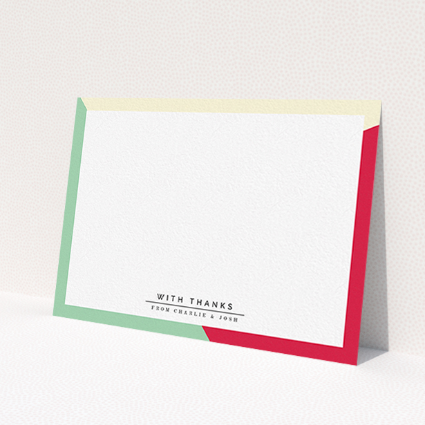 A couples personalised note card named 'Colour Thirds'. It is an A6 card in a landscape orientation. 'Colour Thirds' is available as a flat card, with mainly light cream colouring.