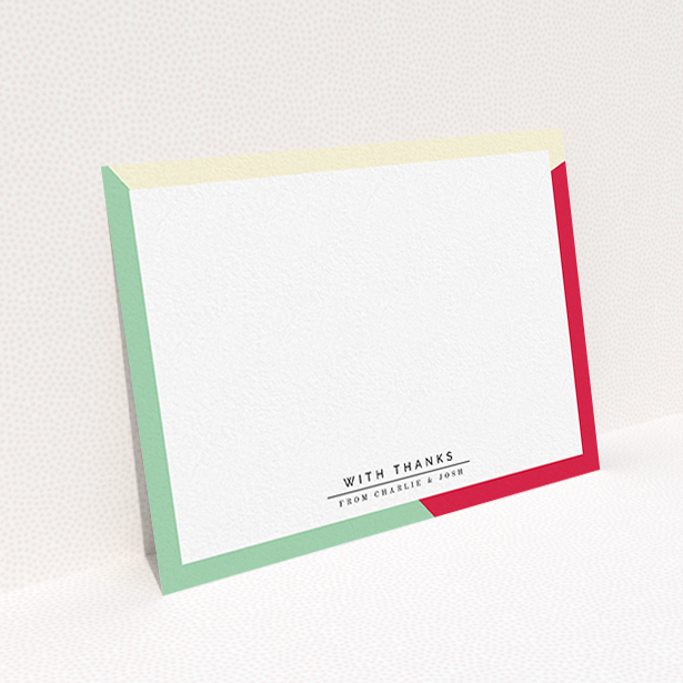 A couples personalised note card named "Colour Thirds". It is an A6 card in a landscape orientation. "Colour Thirds" is available as a flat card, with mainly light cream colouring.