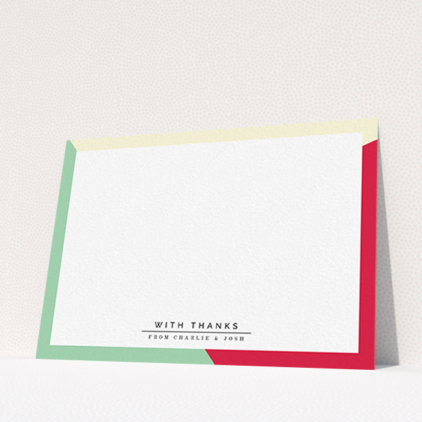 A couples personalised note card named "Colour Thirds". It is an A6 card in a landscape orientation. "Colour Thirds" is available as a flat card, with mainly light cream colouring.