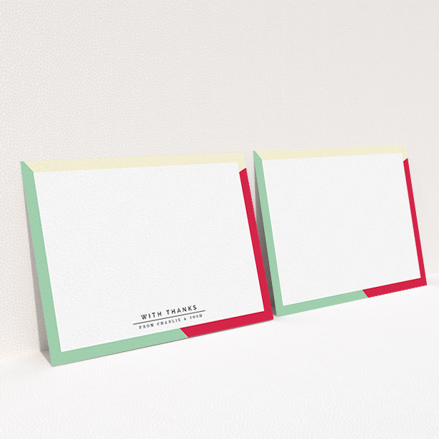 A couples personalised note card named "Colour Thirds". It is an A6 card in a landscape orientation. "Colour Thirds" is available as a flat card, with mainly light cream colouring.