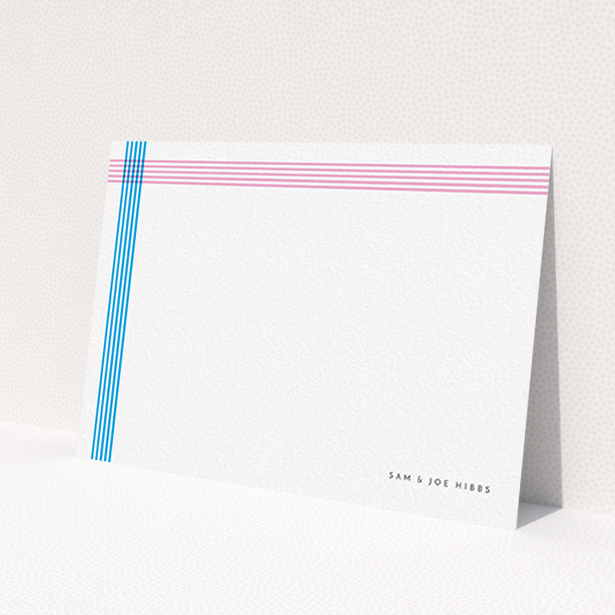 A couples personalised note card design titled 'Crossing Paths'. It is an A6 card in a landscape orientation. 'Crossing Paths' is available as a flat card, with tones of blue and pink.