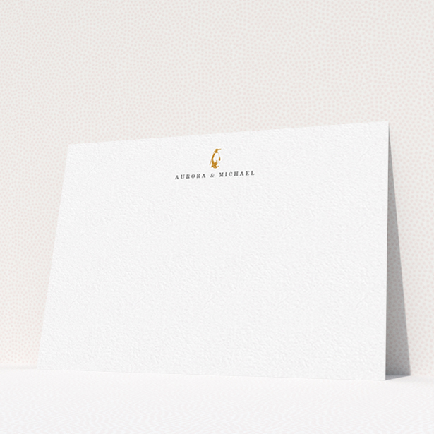 A couples personalised note card named "One little penguin". It is an A6 card in a landscape orientation. "One little penguin" is available as a flat card, with tones of white and Dark orange.