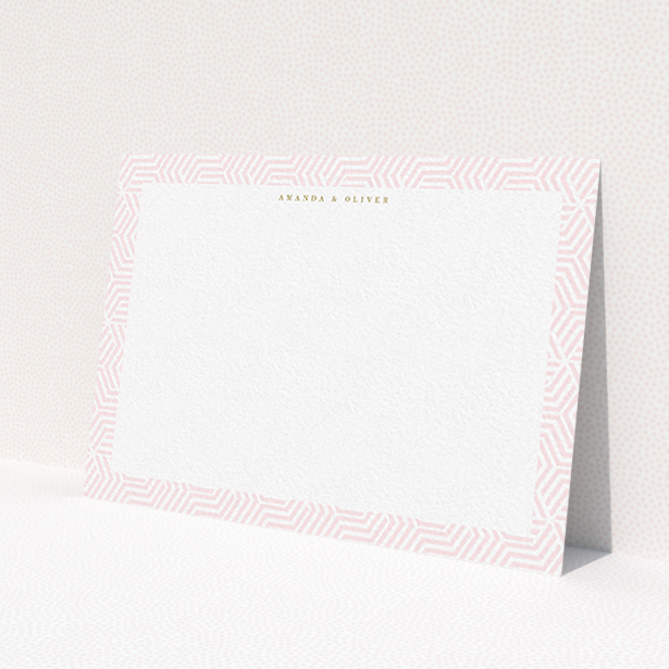 A couples personalised note card named 'Pink corners'. It is an A6 card in a landscape orientation. 'Pink corners' is available as a flat card, with tones of pink and white.