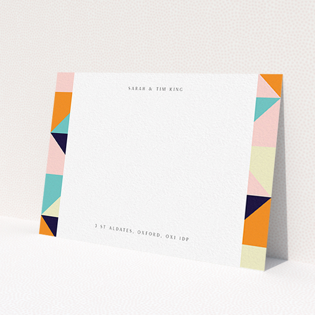 A couples personalised note card template titled 'Sloane Squares'. It is an A6 card in a landscape orientation. 'Sloane Squares' is available as a flat card, with mainly orange colouring.