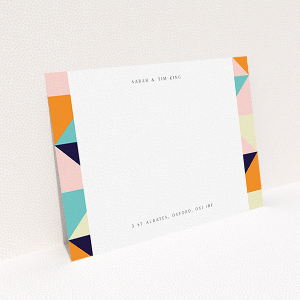 A couples personalised note card template titled "Sloane Squares". It is an A6 card in a landscape orientation. "Sloane Squares" is available as a flat card, with mainly orange colouring.