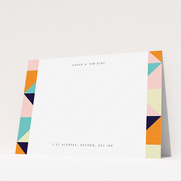 A couples personalised note card template titled "Sloane Squares". It is an A6 card in a landscape orientation. "Sloane Squares" is available as a flat card, with mainly orange colouring.