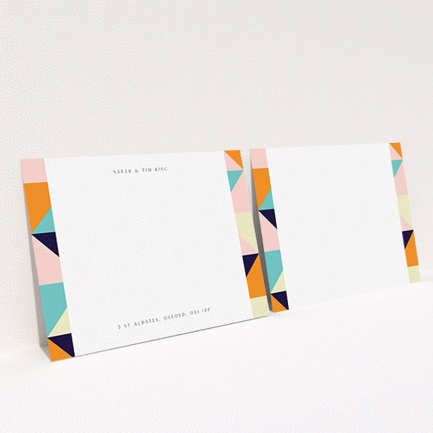 A couples personalised note card template titled "Sloane Squares". It is an A6 card in a landscape orientation. "Sloane Squares" is available as a flat card, with mainly orange colouring.
