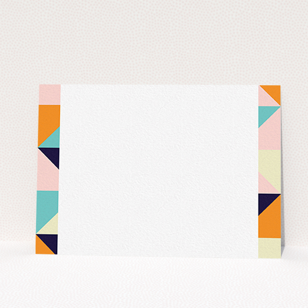 A couples personalised note card template titled "Sloane Squares". It is an A6 card in a landscape orientation. "Sloane Squares" is available as a flat card, with mainly orange colouring.