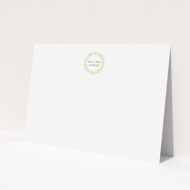 A couples personalised note card template titled 'Somerset Garland'. It is an A6 card in a landscape orientation. 'Somerset Garland' is available as a flat card, with tones of white and gold.