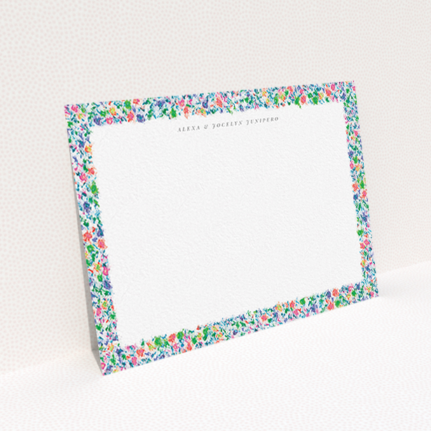 A couples personalised note card design called "Spring smudge". It is an A6 card in a landscape orientation. "Spring smudge" is available as a flat card, with mainly green colouring.
