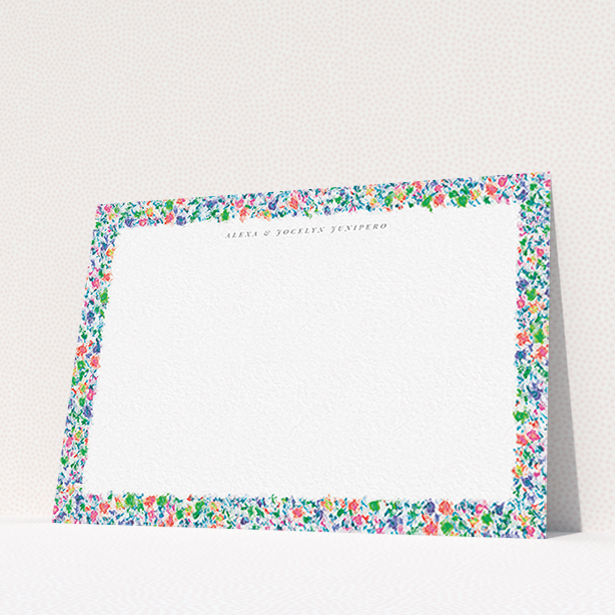 A couples personalised note card design called "Spring smudge". It is an A6 card in a landscape orientation. "Spring smudge" is available as a flat card, with mainly green colouring.