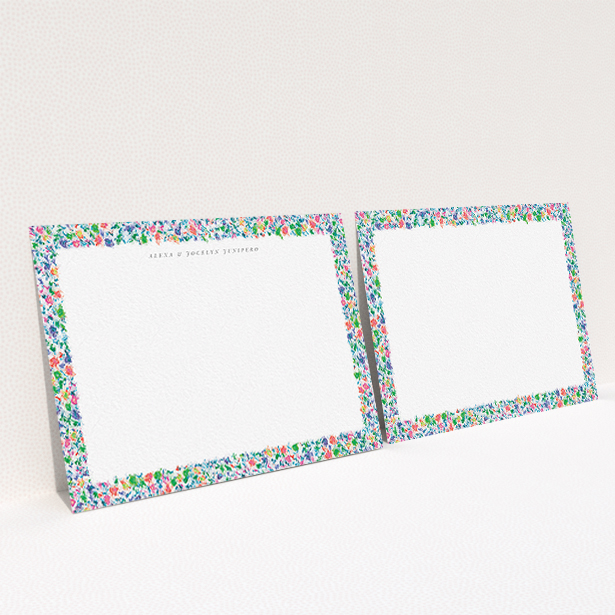 A couples personalised note card design called "Spring smudge". It is an A6 card in a landscape orientation. "Spring smudge" is available as a flat card, with mainly green colouring.