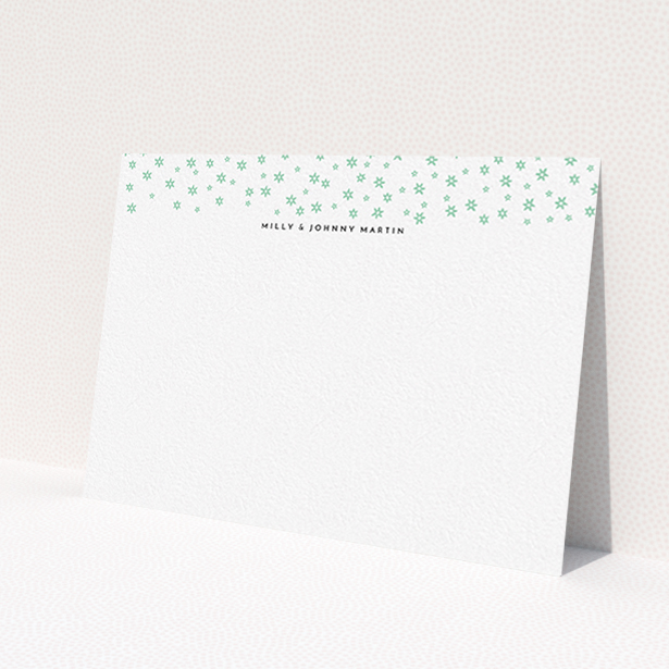 A couples personalised note card template titled 'Stars at night'. It is an A6 card in a landscape orientation. 'Stars at night' is available as a flat card, with tones of white and green.