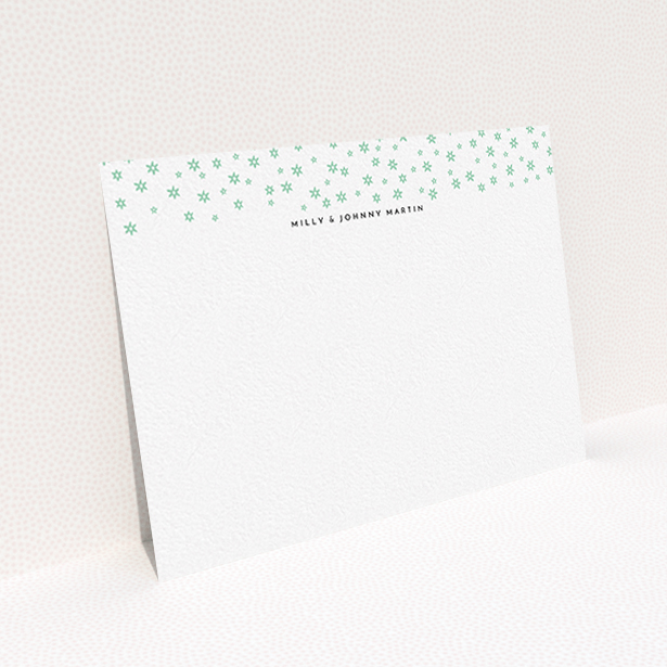 A couples personalised note card template titled "Stars at night". It is an A6 card in a landscape orientation. "Stars at night" is available as a flat card, with tones of white and green.