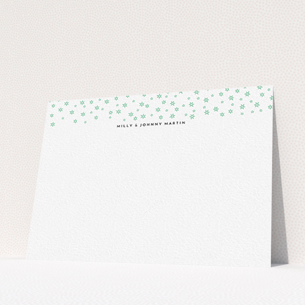 A couples personalised note card template titled "Stars at night". It is an A6 card in a landscape orientation. "Stars at night" is available as a flat card, with tones of white and green.
