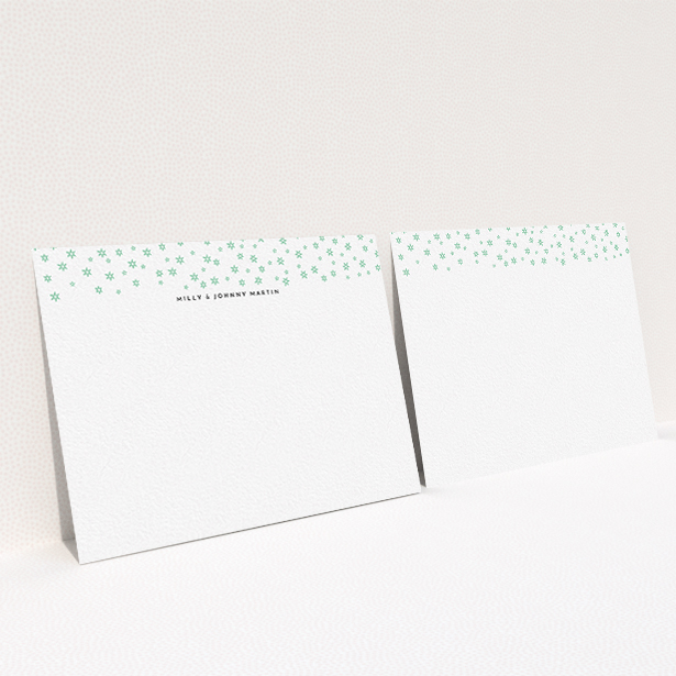 A couples personalised note card template titled "Stars at night". It is an A6 card in a landscape orientation. "Stars at night" is available as a flat card, with tones of white and green.