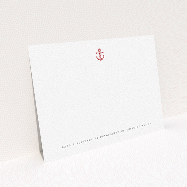 A couples personalised note card design named "Steamboat". It is an A6 card in a landscape orientation. "Steamboat" is available as a flat card, with tones of white and red.