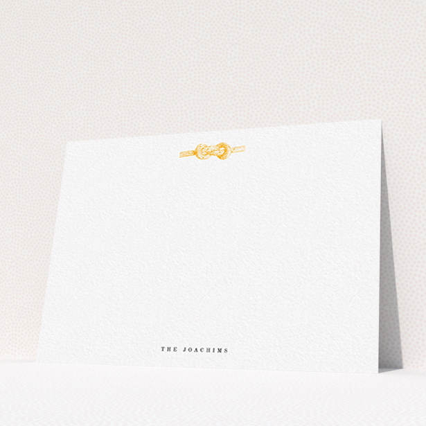 A couples personalised note card design named "Tie the knot". It is an A6 card in a landscape orientation. "Tie the knot" is available as a flat card, with tones of white and orange.