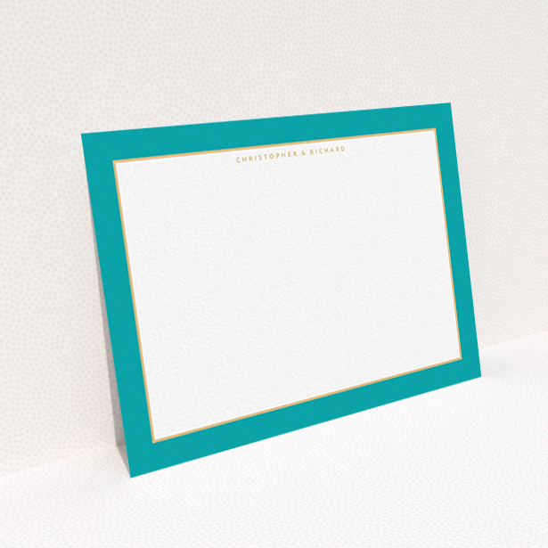 A couples personalised note card called "Turquoise and gold border". It is an A6 card in a landscape orientation. "Turquoise and gold border" is available as a flat card, with tones of green and white.