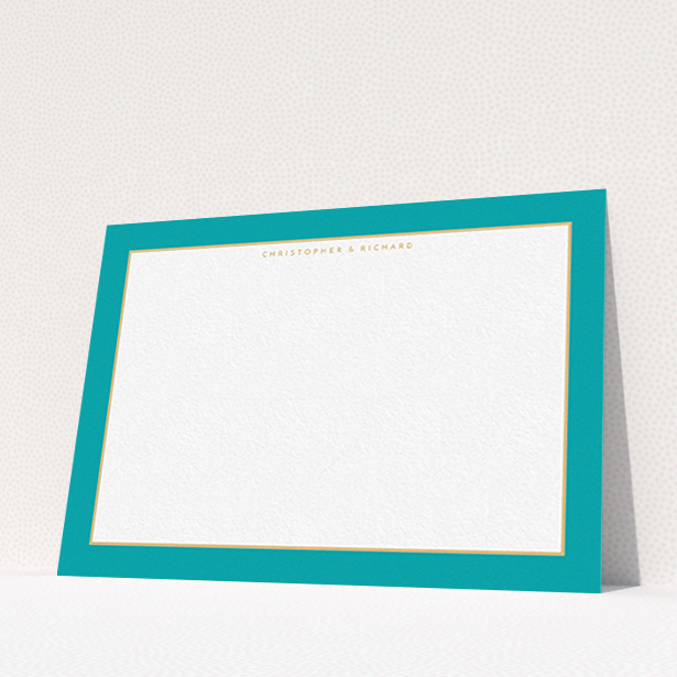 A couples personalised note card called "Turquoise and gold border". It is an A6 card in a landscape orientation. "Turquoise and gold border" is available as a flat card, with tones of green and white.