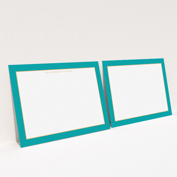 A couples personalised note card called "Turquoise and gold border". It is an A6 card in a landscape orientation. "Turquoise and gold border" is available as a flat card, with tones of green and white.