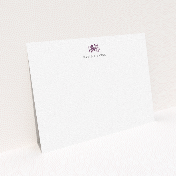 A couples personalised note card design titled "Two little daisies". It is an A6 card in a landscape orientation. "Two little daisies" is available as a flat card, with tones of white and purple.
