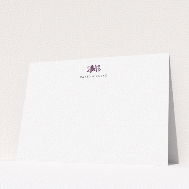 A couples personalised note card design titled "Two little daisies". It is an A6 card in a landscape orientation. "Two little daisies" is available as a flat card, with tones of white and purple.
