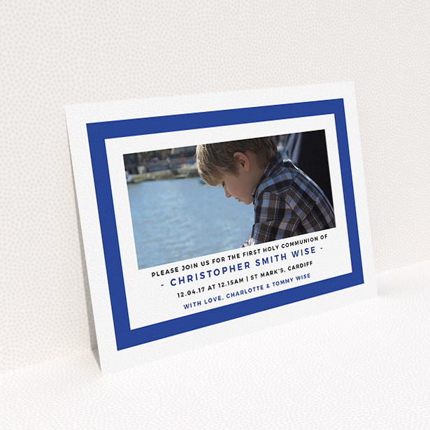 A first holy communion invitation design called "Big Blue". It is an A5 invite in a landscape orientation. It is a photographic first holy communion invitation with room for 1 photo. "Big Blue" is available as a flat invite, with tones of blue and white.