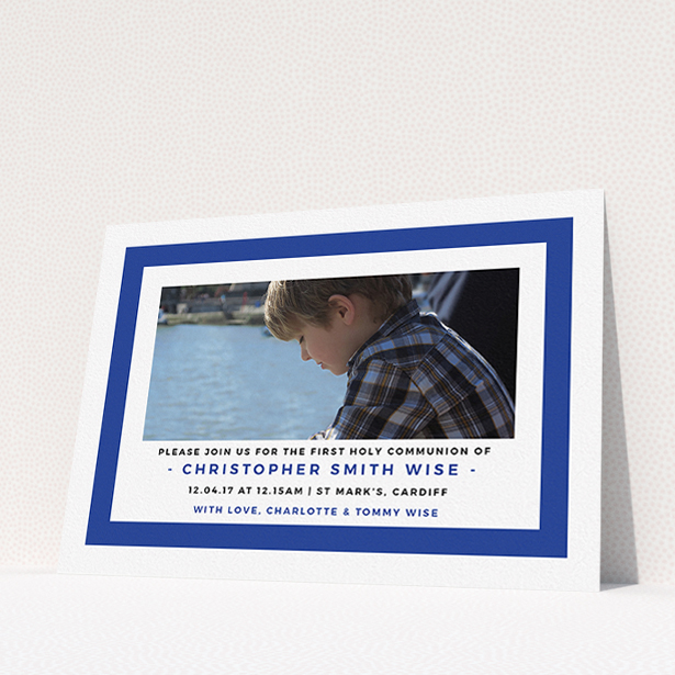 A first holy communion invitation design called "Big Blue". It is an A5 invite in a landscape orientation. It is a photographic first holy communion invitation with room for 1 photo. "Big Blue" is available as a flat invite, with tones of blue and white.