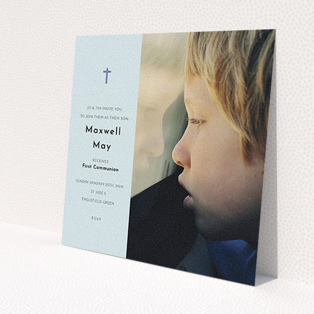 A first holy communion invitation template titled 'Blue Side Frame'. It is a square (148mm x 148mm) invite in a square orientation. It is a photographic first holy communion invitation with room for 1 photo. 'Blue Side Frame' is available as a flat invite, with mainly blue colouring.