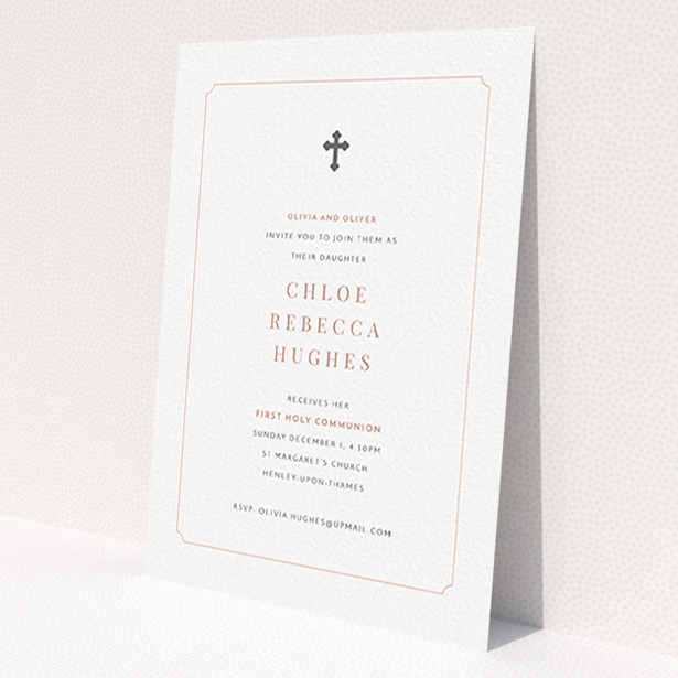 A first holy communion invitation design named 'Pink and Grey'. It is an A6 invite in a portrait orientation. 'Pink and Grey' is available as a flat invite, with mainly white colouring.