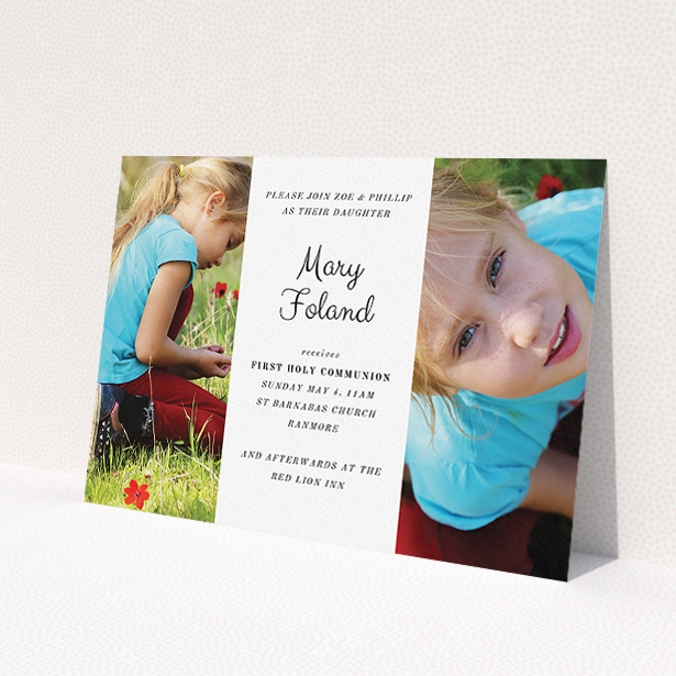 A first holy communion invitation design named 'Sandwich Frame'. It is an A5 invite in a landscape orientation. It is a photographic first holy communion invitation with room for 2 photos. 'Sandwich Frame' is available as a flat invite, with mainly white colouring.