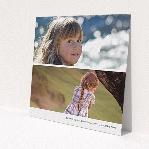 A first holy communion thank you card called 'Stacked Landscapes'. It is a square (148mm x 148mm) card in a square orientation. It is a photographic first holy communion thank you card with room for 2 photos. 'Stacked Landscapes' is available as a flat card, with mainly white colouring.