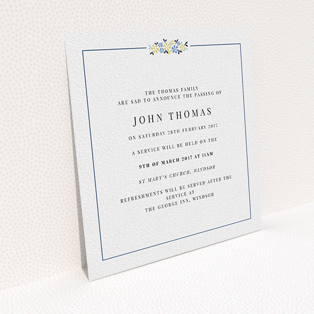 A funeral announcement card called "A celebration and flowers". It is a square (148mm x 148mm) card in a square orientation. "A celebration and flowers" is available as a flat card, with tones of white and blue.