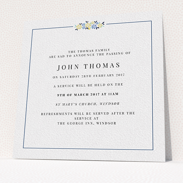 A funeral announcement card called "A celebration and flowers". It is a square (148mm x 148mm) card in a square orientation. "A celebration and flowers" is available as a flat card, with tones of white and blue.