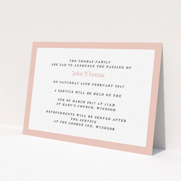 A funeral announcement card named 'Broad pink'. It is an A5 card in a landscape orientation. 'Broad pink' is available as a flat card, with tones of pink and white.