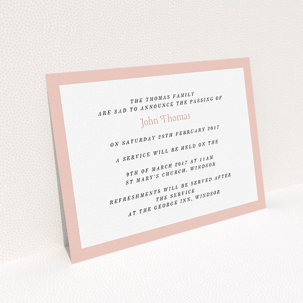 A funeral announcement card named "Broad pink". It is an A5 card in a landscape orientation. "Broad pink" is available as a flat card, with tones of pink and white.