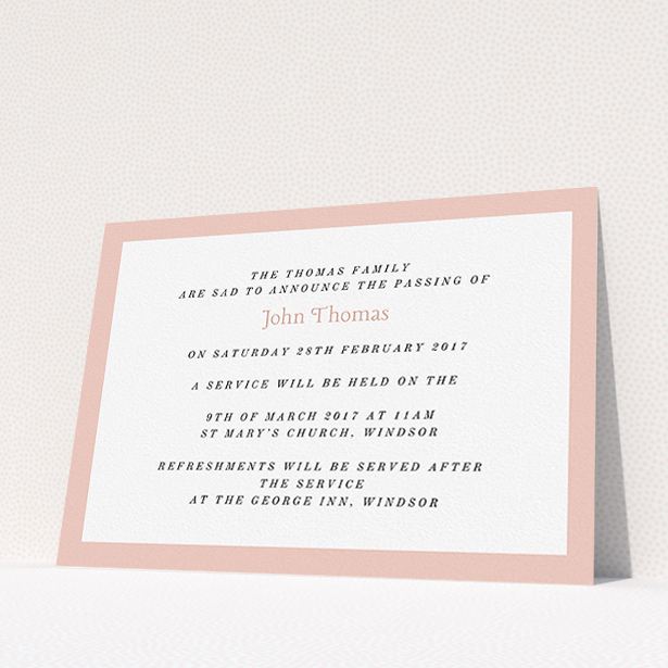 A funeral announcement card named "Broad pink". It is an A5 card in a landscape orientation. "Broad pink" is available as a flat card, with tones of pink and white.