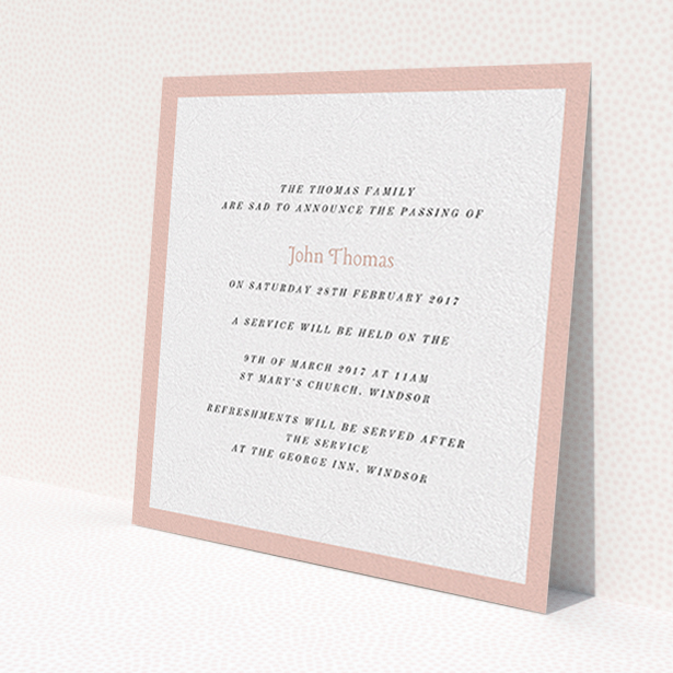 A funeral announcement card called 'Broad pink'. It is a square (148mm x 148mm) card in a square orientation. 'Broad pink' is available as a flat card, with tones of pink and white.