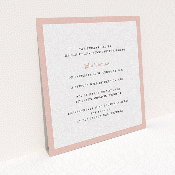 A funeral announcement card called "Broad pink". It is a square (148mm x 148mm) card in a square orientation. "Broad pink" is available as a flat card, with tones of pink and white.