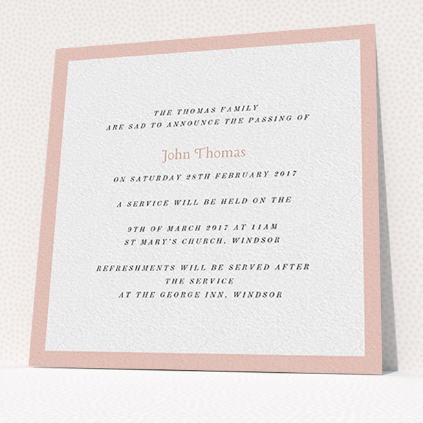 A funeral announcement card called "Broad pink". It is a square (148mm x 148mm) card in a square orientation. "Broad pink" is available as a flat card, with tones of pink and white.