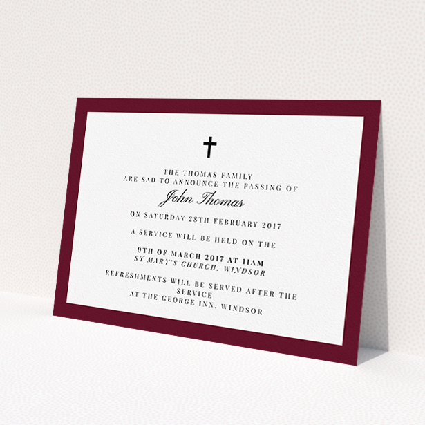 A funeral announcement card template titled 'Classic border'. It is an A5 card in a landscape orientation. 'Classic border' is available as a flat card, with tones of burgundy and white.