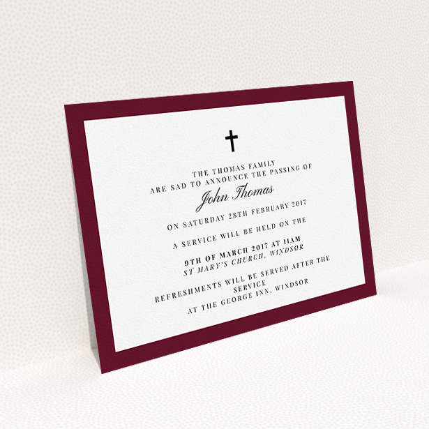 A funeral announcement card template titled "Classic border". It is an A5 card in a landscape orientation. "Classic border" is available as a flat card, with tones of burgundy and white.