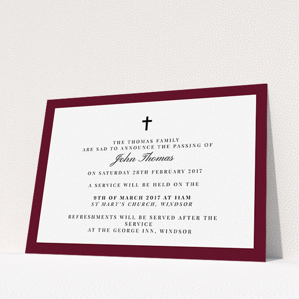 A funeral announcement card template titled "Classic border". It is an A5 card in a landscape orientation. "Classic border" is available as a flat card, with tones of burgundy and white.